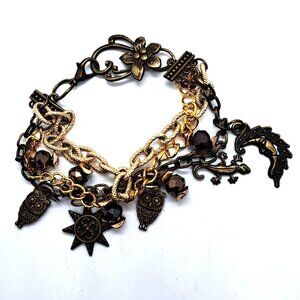 Handmade tri tone chain charm bracelet gecko sun owl moon